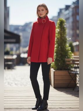 Mango Red Tailored Coat with Statement Gold Buckle – XS fits S as well